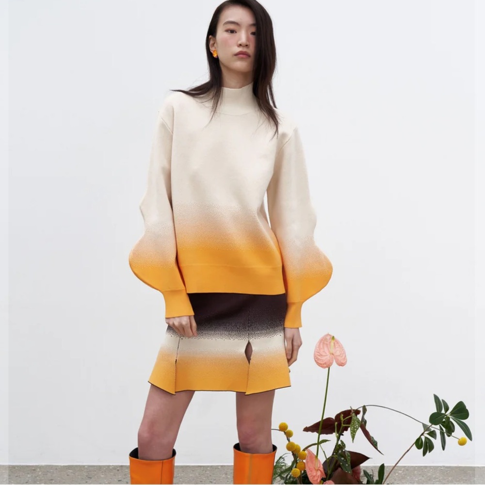 PH5 Cream and Orange Liko Gradient Print Mockneck with Wavy Sleeves l